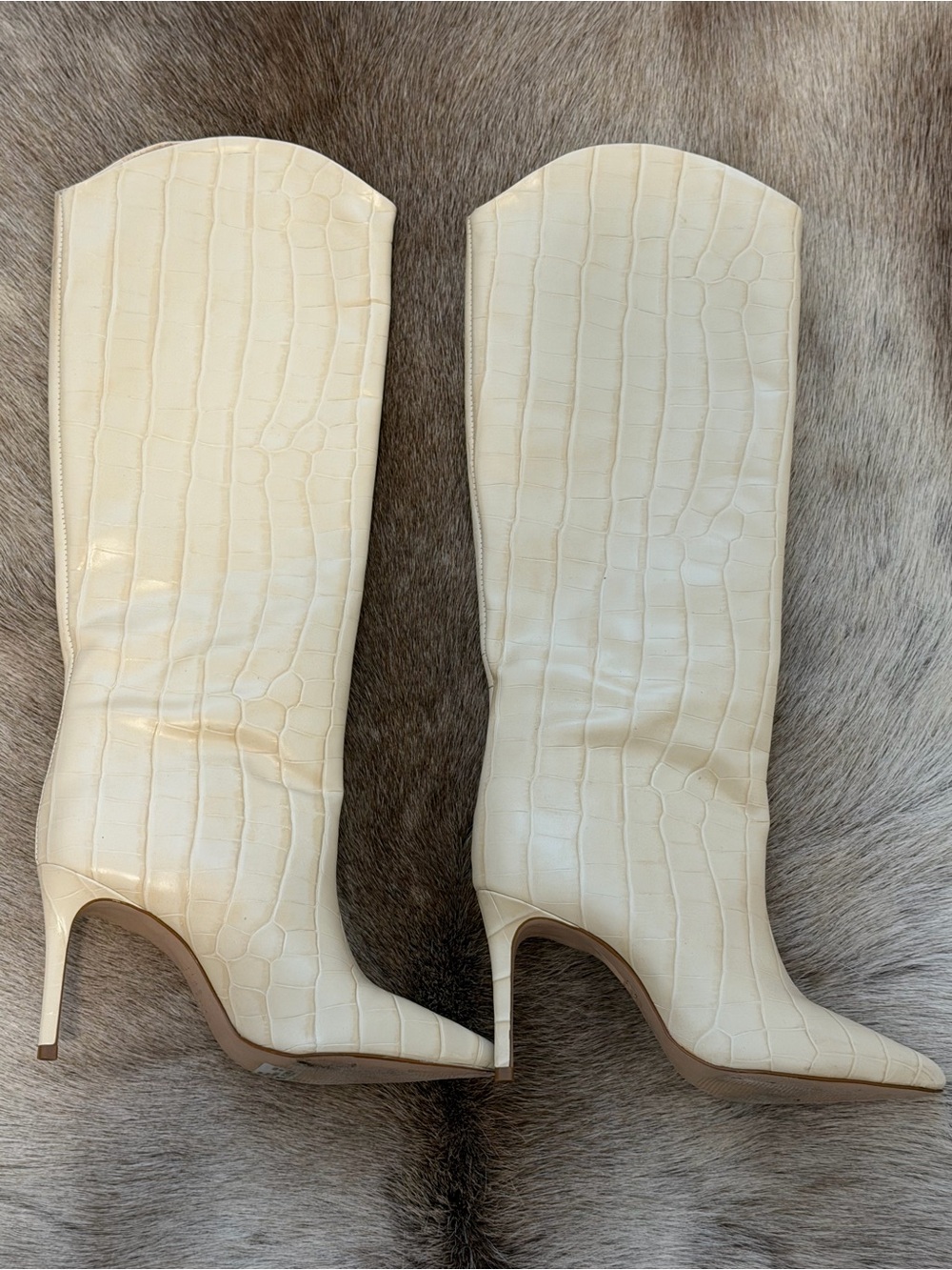 Schutz Maryana Cream Croc-Embossed Pointed-Toe Knee Boots